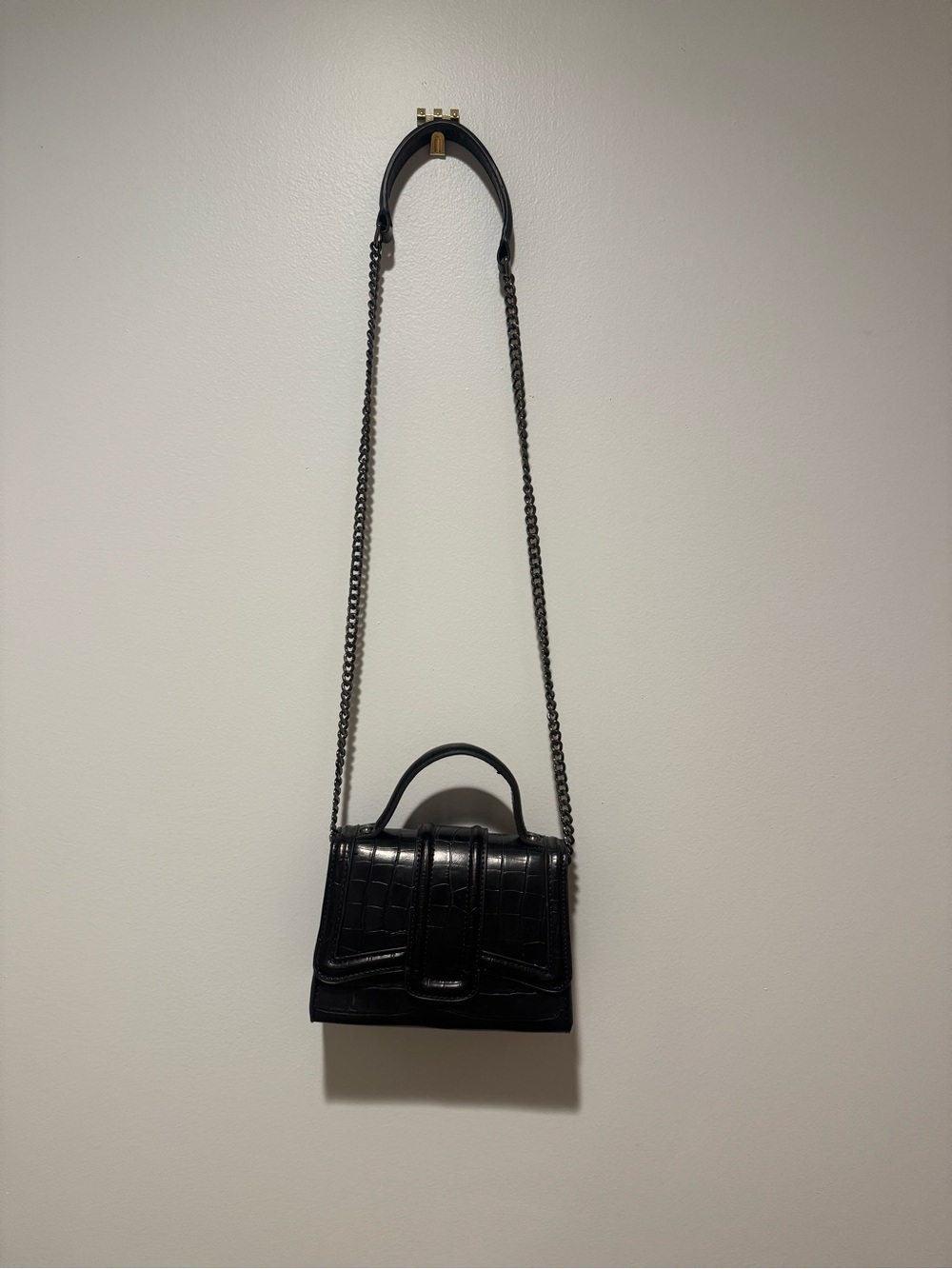 ZARA Black Croc Embossed Flap Chain Shoulder Bag Crossbody Gold Hardware Chic